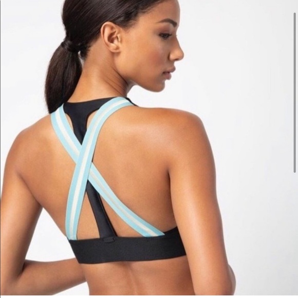 Koral Trainer 2-pc High Rise Blue Racer Stripe Metallic Leggings Bra Shiny XS - Picture 13 of 13